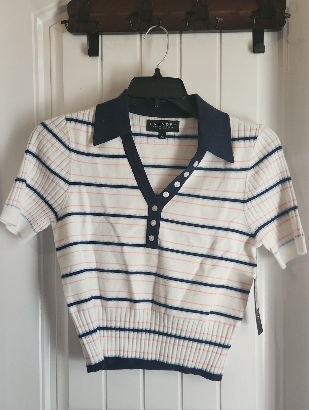 Laundry By Shelli Segal White Striped Polo Crop Top with Navy Trim